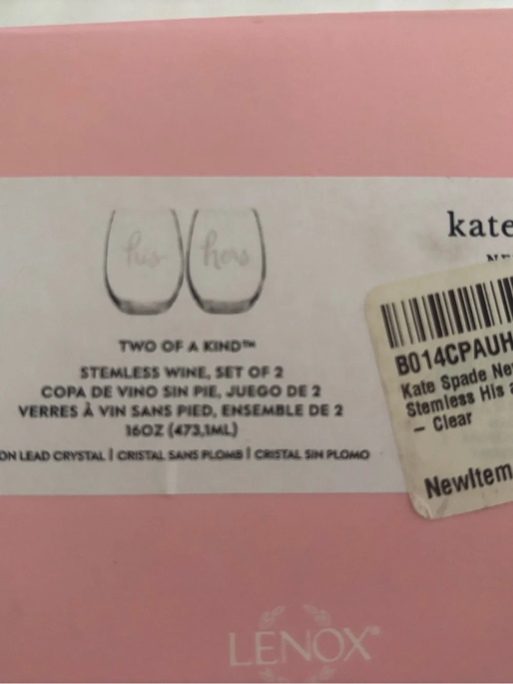 Kate Spade Lenox “Two Of A Kind” Stemless “His” And “Hers” Stemless Wine Glasses